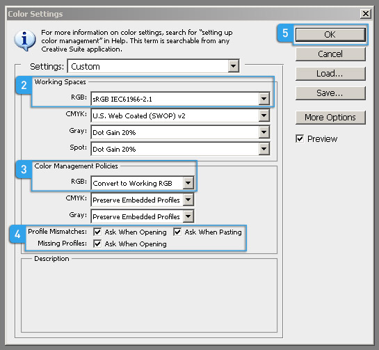 Photoshop color settings for linear workflow