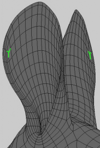 On this rabbit model, an acceptable T-vertex forms where the edge flow up the side of the ear meets the edge flow across the top of the ear.