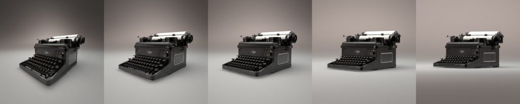 Examples of different types of lenses on a typewriter 3d model render